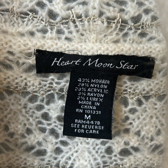 Y2K Heart Moon Star Mohair Blend Cowl Neck Sweater long Cream Crochet Open Sz M - Picture 5 of 14